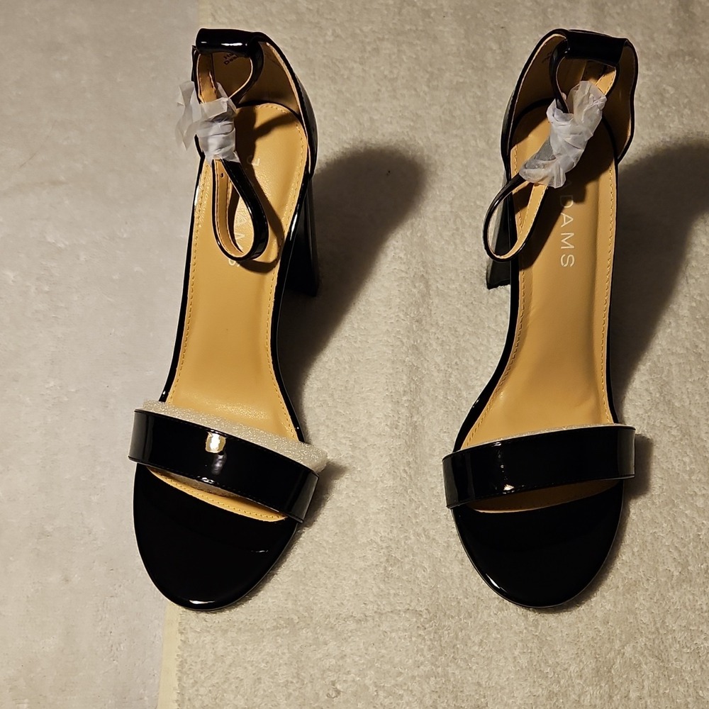 J. Adams Black Patent Strappy Block Heel Ankle‎ Strap Open Toe Buckle Size 9